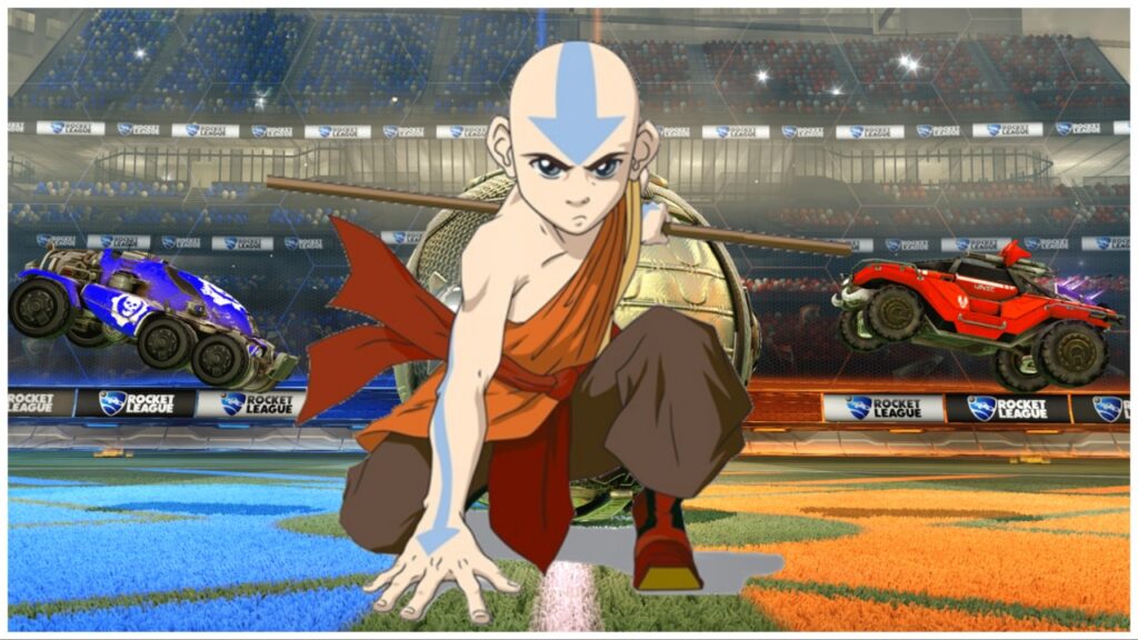 The image shows a rocket league background with two vehicles rushing towards a large ball. Obstructing the view of the ball is a PNG of Aang from ATLA in a crouched pose facing the viewer