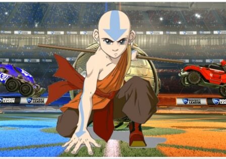 The image shows a rocket league background with two vehicles rushing towards a large ball. Obstructing the view of the ball is a PNG of Aang from ATLA in a crouched pose facing the viewer