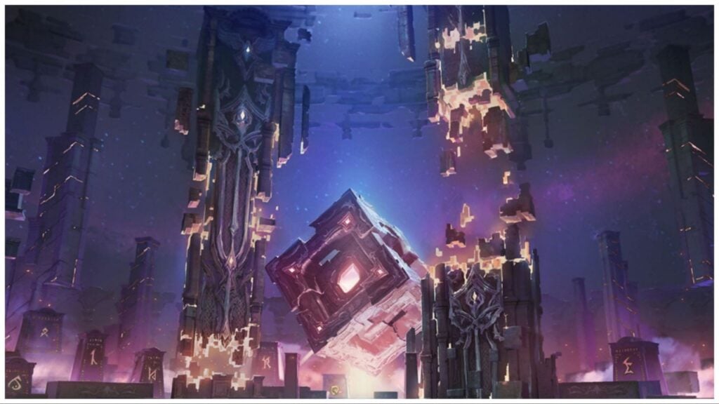 The image shows a giant cube in the centre of the screen which is floating despite looking mechanical and heavy. It has a glowing core and is surrounded by pillars of metal and golden lights which are broken in places.