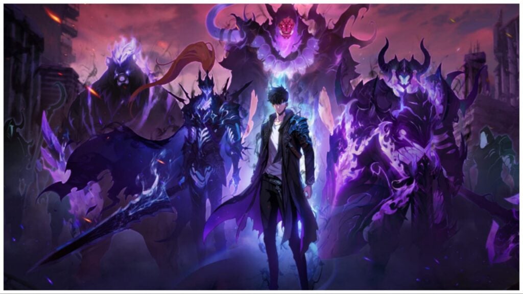 promo art for the game, with the main character sung jin-woo from the franchise with a glowing blue eye as he stands in front of armoured creatures who are glowing, a blue mist is radiating off of him, as purple mist surrounds the creatures behind him