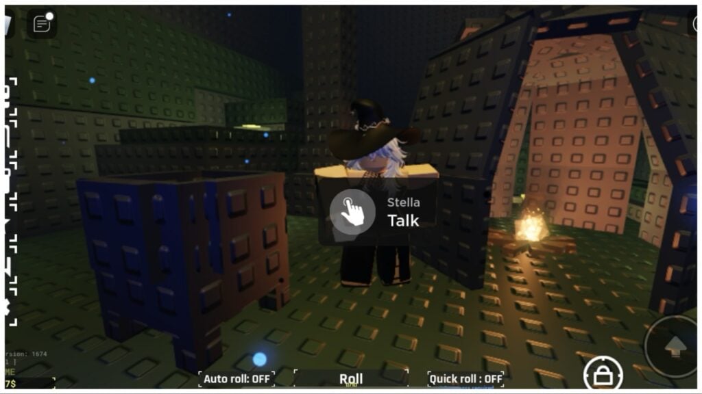 the image shows the cauldron off to the left with stella stood beside it with an interactive icon prompting the player to talk to her. On her right is a camp with a little contained fire inside. The background is dark and entirely rocky since the player and stella are inside a cave