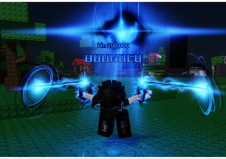 The image shows my avatar with the blue bounded aura which has her suspended just off the ground and pinned by her arms outstretched from blue swirling light chains. It is nighttime in the server and behind her are trees and other players