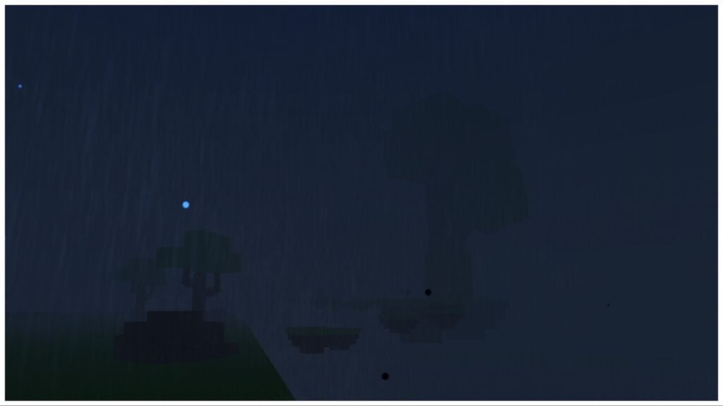 the image shows the rainy weather which is murky, dark and raining. In the distance you can see the floating island parkour which has a tall tree