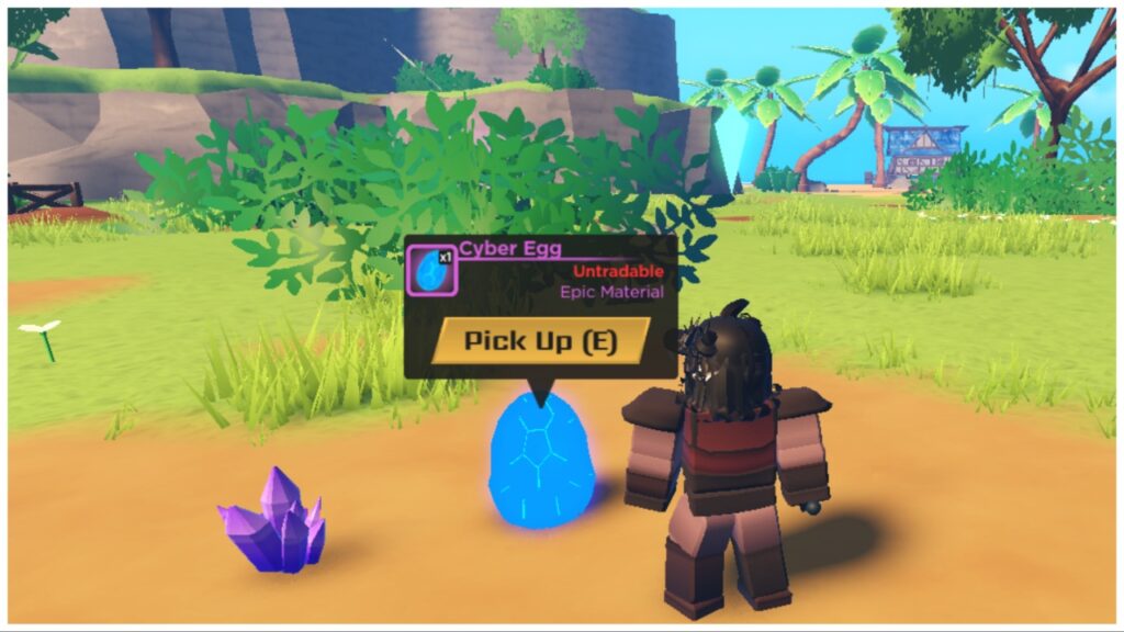The image shows my avatar wearing bulky armour stood beside a blue Cyber Egg drop within Swordburst 3. Beside that drop is some Amethyst drops yielded from the same mob. The scenery surrounding is dirt and greenery with water in the far distance