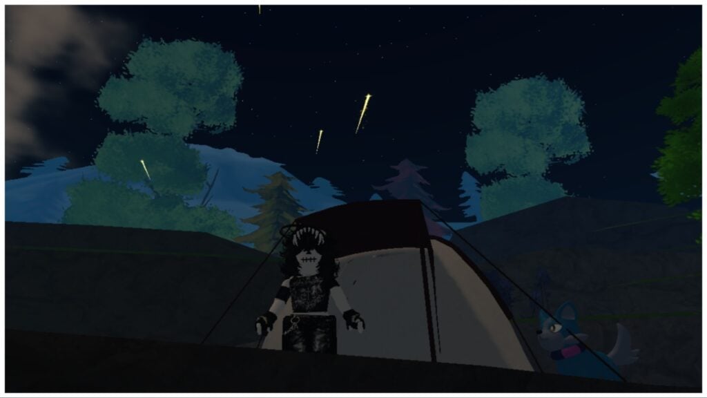 The image shows my avatar stood in front of a white tent at nightfall with a shooting sky weather. Her Tanorian is stood to the side over looking in the the distance