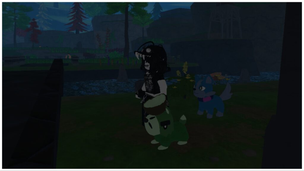 The image shows my avatar stood next to the wild doopybara at nighttime with my actual tanorian stood behind both of us. In the distance is a lake and trees