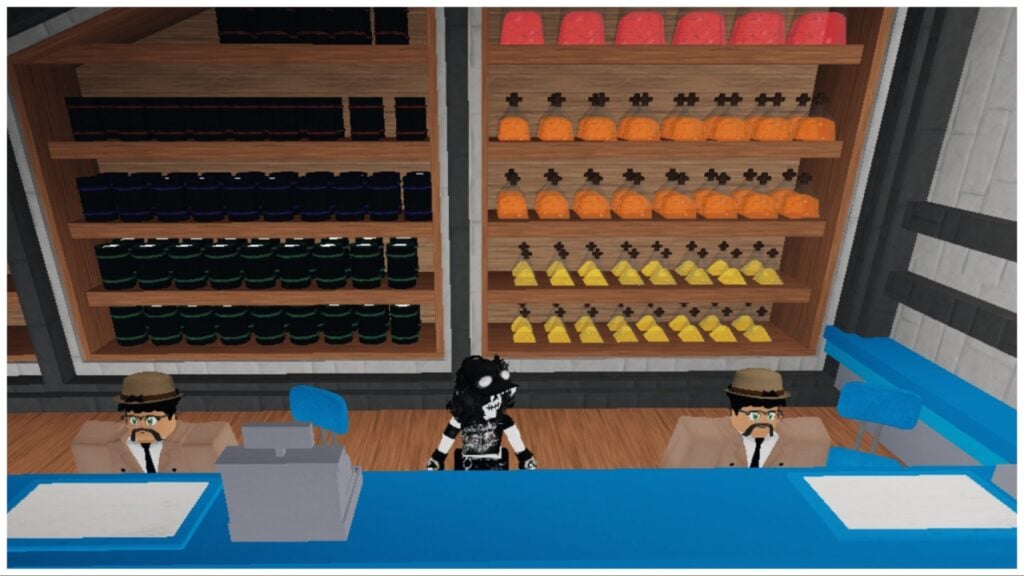 the image shows my avatar stood within the shopping centre where players can buy more tanorian cans and potions. Behind my avatar is a large shelf full of cans and potions on display