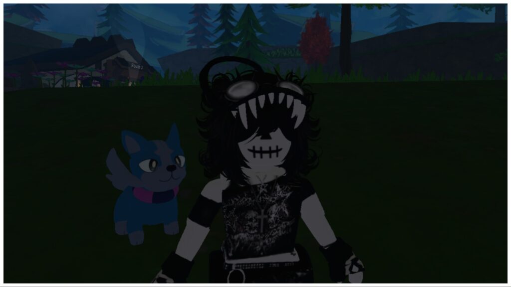 The image shows my avatar and her chewaqua along route 1 of the game during nightfall. The background is mainly green trees and shrubs with a few rockpiles