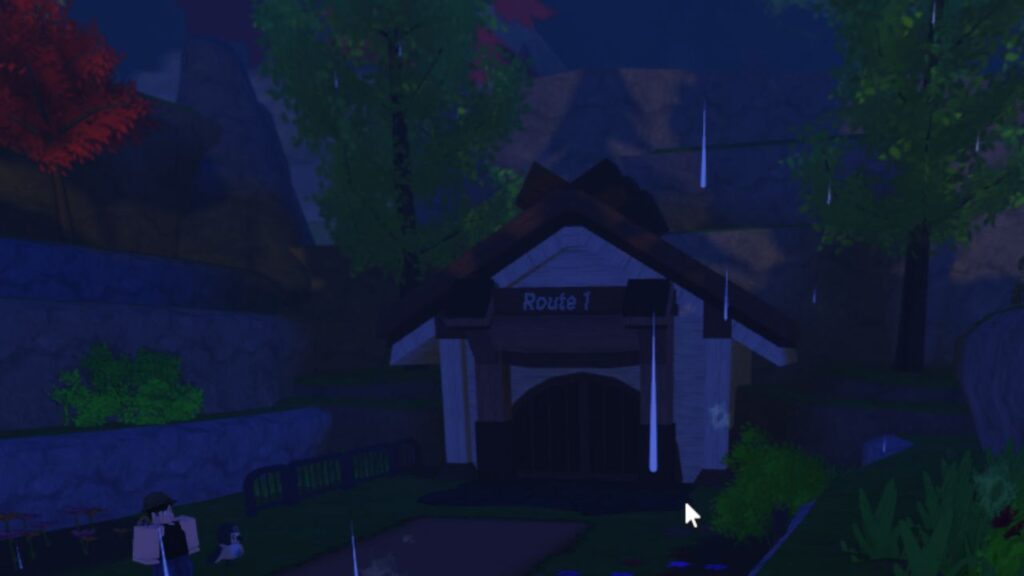 Feature image for our Tales Of Tanorio Route 1 guide. It shows the entrance to Route 1 during a rainstorm at night.