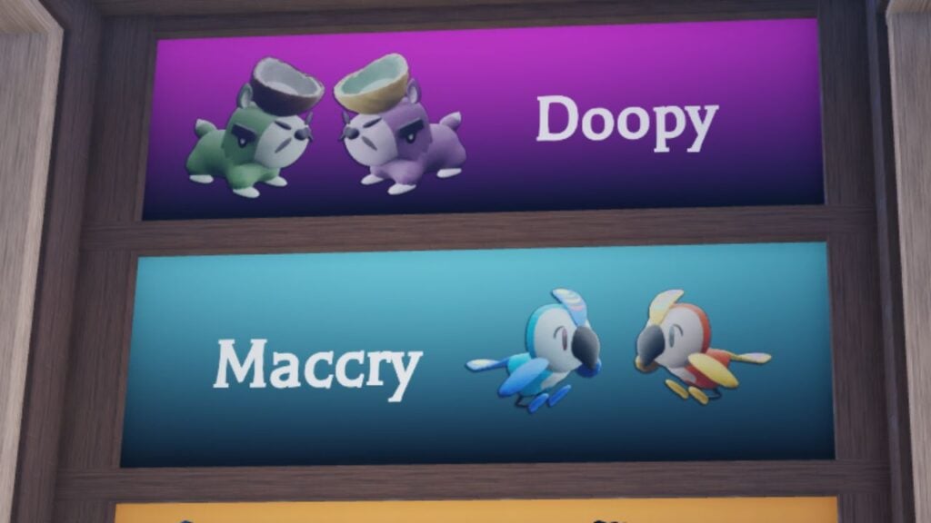 Feature image for our Tales Of Tanorio shiny guide. It shows a display in-game with Shiny variations of the Tanorians Doopy and Maccry alongside their normal colored versions.
