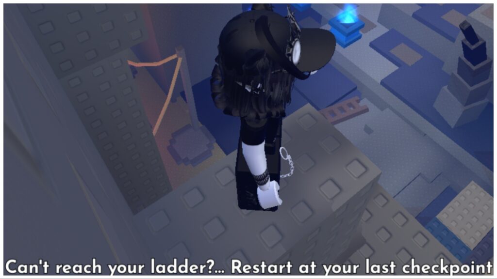 The image shows a top-down view of my avatar who has dropped her ladder off the climb. Text at the bottom tells her to reset at the last checkpoint which happens to be back at spawn :[