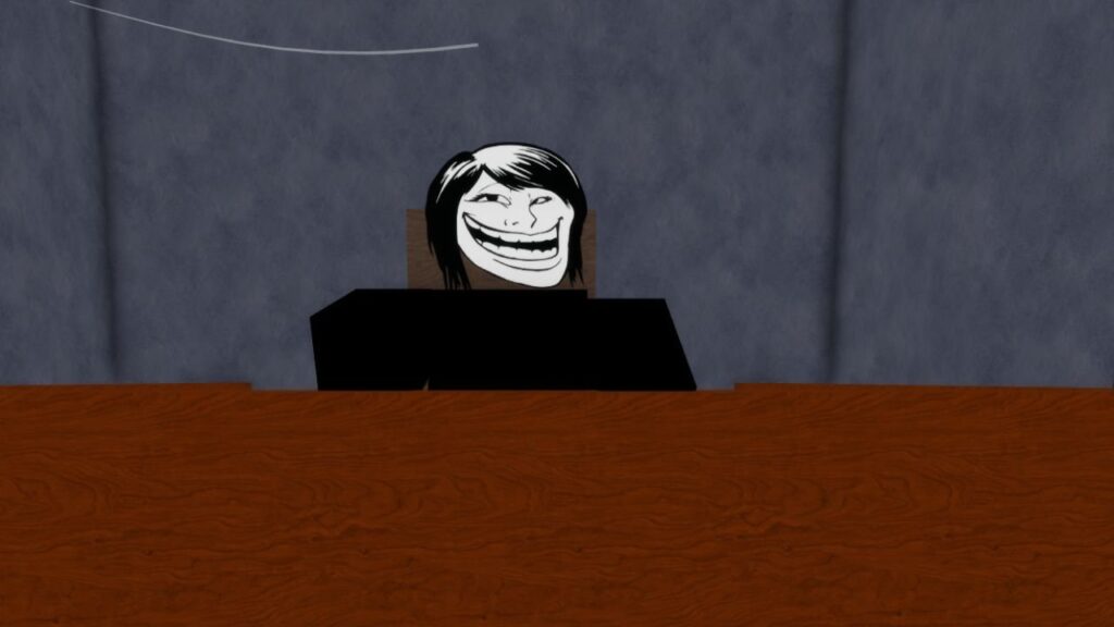Feature image for our Trollge Conventions codes guide. It shows an in-game view of the Trollina character, sat at a desk.