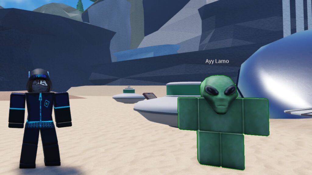 Feature image for our Tsunami Game The Hunt guide. It shows a Roblox character in The Hunt color clothes, stood next to a green alien character in Tsunami Game's desert area.