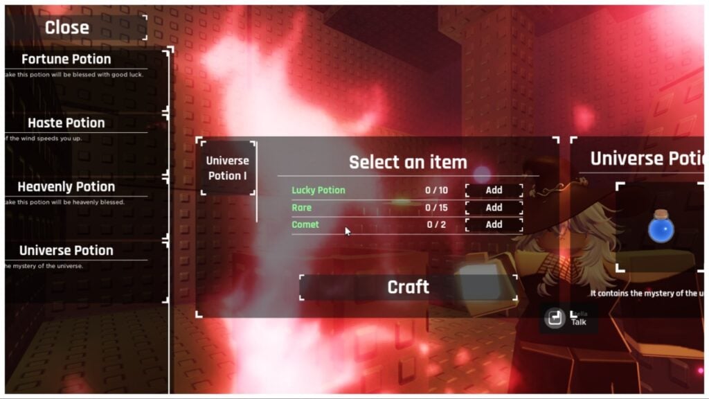 the image shows the crafting page from within stellas hiding spot in the cave. The crafting shows the requirements for the universe potion with a small png of the potion on the right hand side