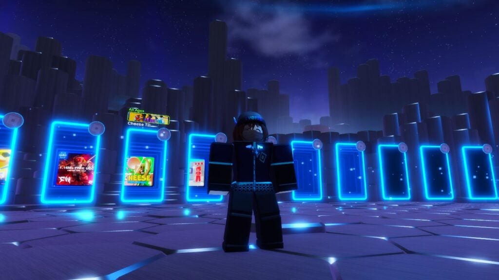 Feature image on our guide on what is The Hunt in Roblox. It shows a character in The Hunt gear stood in the experience, in front of portals leading into different games.