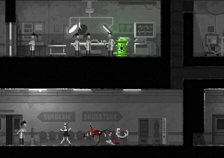 Feature image for our best Android sales and deals this week feature. It shows a screen from Zombie Night Terror, a hospital in greyscale pixel art, showing characters running from zombies, and doctors in an operating theater on the upper floor with a strange green barrel.