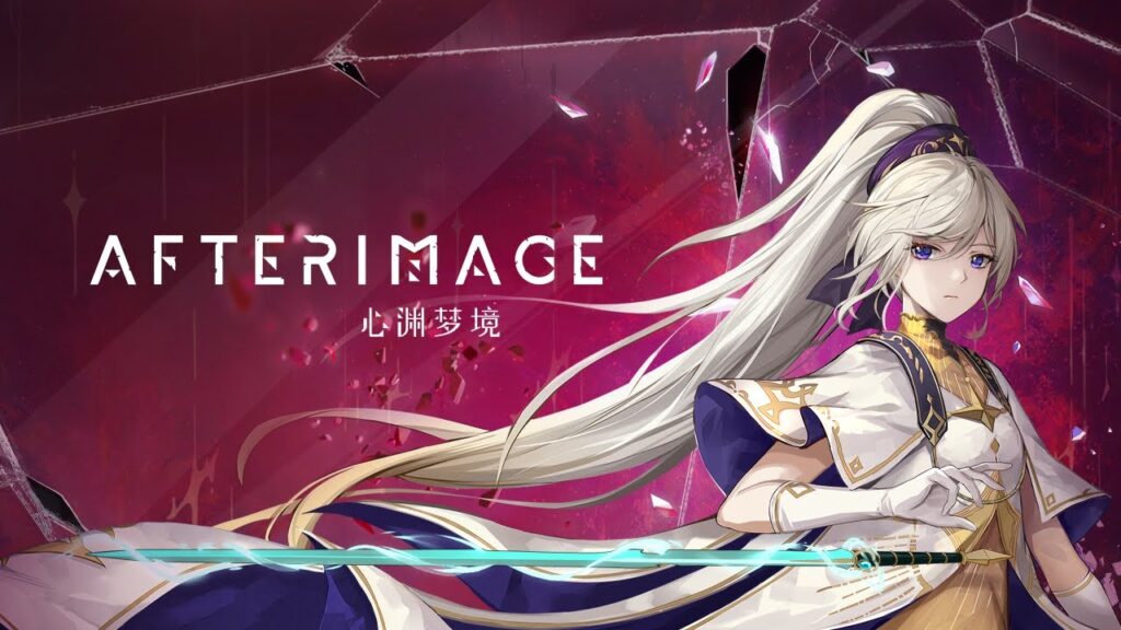 The feature image for the news on the release of Afterimage Android release is a character with silver hair and a floating sword against a crimson backdrop and the title of the game on the left side.