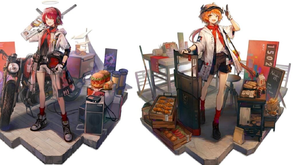 featured image for our news on Arknights City Rider series outfits. It features Exusai and Croissant in their respective outfits. they are in a KFC-like set-up, holding chicken buckets. we can see tables behind them which have burgers and other KFC items.