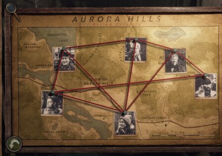 featured image for our news on Aurora Hills: Chapter 1. it features an investigation board with photos of missing persons and the map of Aurora Hills localities.