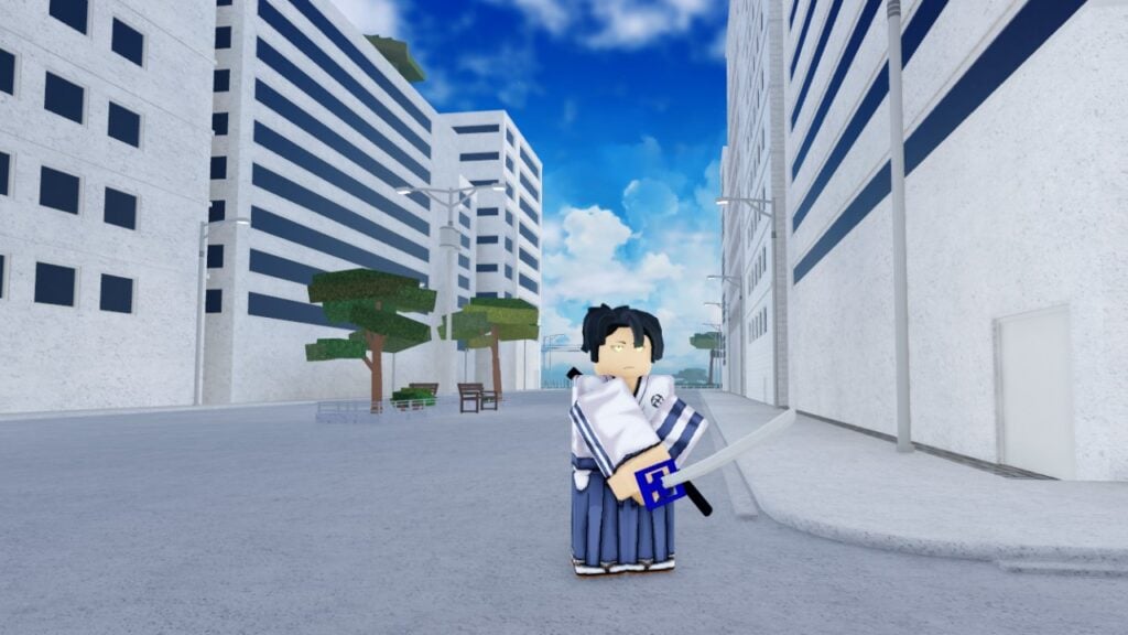 A character from Roblox game Type Soul, standing in a city street with their katana drawn.
