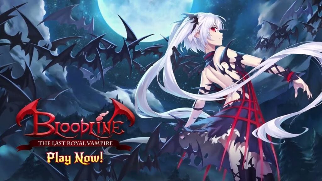 The feature image for the news on Bloodline: The Last Royal Vampire has a character with silver hair from the game with the title of the game against the backdrop of a night sky filled with bats.