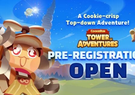 CookieRun: Tower of Adventures. it features a cookie wearing a hat that has a propeller like an airplane. We can see the sky in the background. The image also features the message that pre-registrations are now open for the game.
