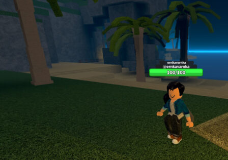 Feature image for our Critical Revengeance Prestige Roblox guide. Image shows a Roblox character standing on grass with palm trees and an ocean in the background.