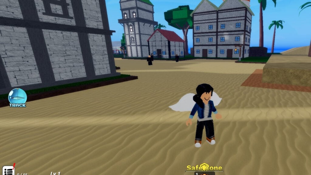 Feature image for our Demon Piece Races Tier List. Image shows a Roblox character with wings standing on sand with a houses in the background.