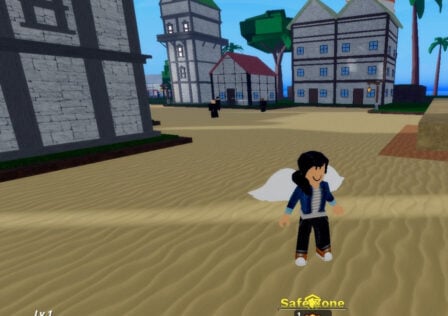Feature image for our Demon Piece Races Tier List. Image shows a Roblox character with wings standing on sand with a houses in the background.