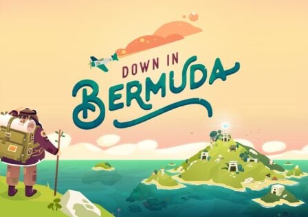 featured image for our news on Down in Bermuda. It features a person (character) looking at an island which is far away. On top, we see the game logo and a little airplane beside it.