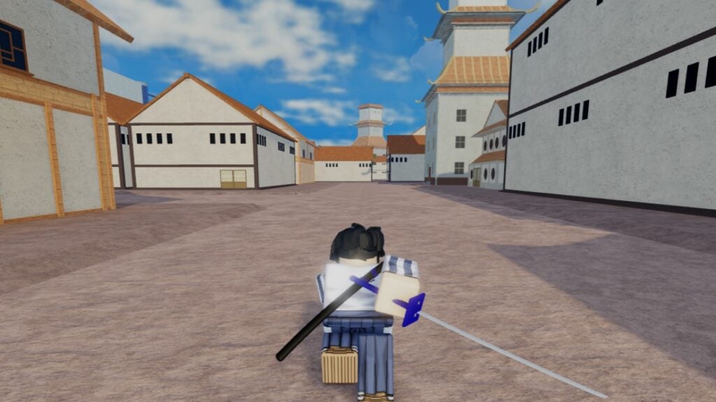 A character from Roblox game Type Soul sprinting through a city street holding a katana.