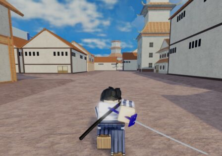 A character from Roblox game Type Soul sprinting through a city street holding a katana.