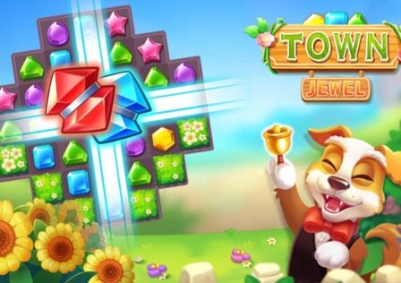 The feature image for news on Jewels Town: Match 3 has a dog grinning with a bell in its paw surrounded by a flowery garden and a block of puzzle gems with the title of the game on the top right corner.