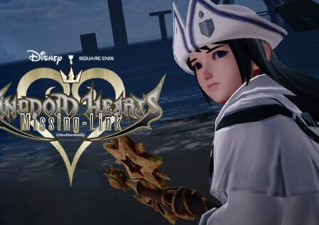 The feture image for the news on Kingdom Hearts Missing-Link has a character in a white outfiton the right and the logo of the game on the left side.