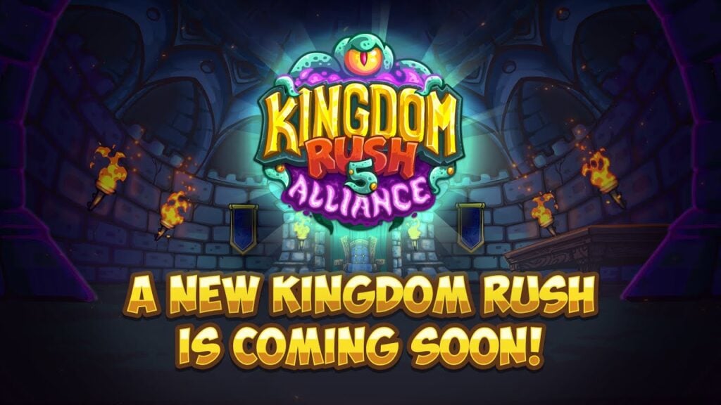 Kingdom Rush 5: Alliance. It features the game's vibrant logo which has yellow, red, purple, turquoise and other colours in their neon shades. behind the logo we can see an ancient-style rock tower.