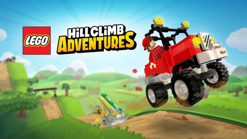 The feature image for the news on LEGO Hill Climb Adventures has a lego man in a lego car climbing a hill against the backdrop of a village with the title of the game.