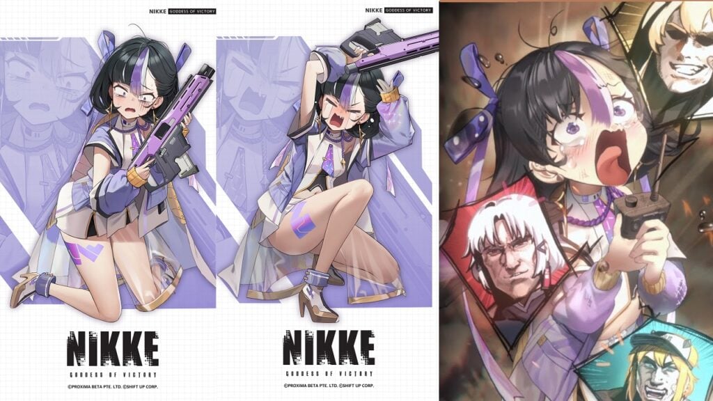featured image for our news on Liar’s Day event of Goddess of Victory: NIKKE. It features Syuen carrying a gun and looking distraught in the first two parts of the image. The thrd part shows her screaming while holding a remote control.