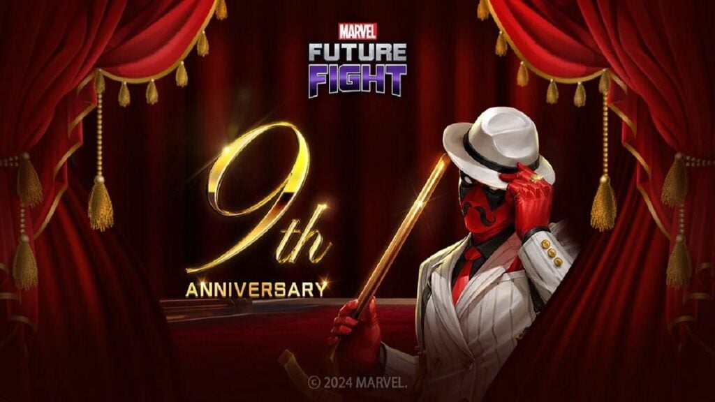 featured image for our news on Marvel Future Fight’s 9th anniversary. It features a guy wearing a white hat (and he's tipping it), a white suit and holding a golden cane. We can see a stage behind him with red curtains.