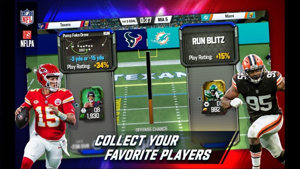 featured image for our news on NFL 2K Playmakers. It features a screenshot of the game interface. Also, we can see two American rugby players. The screen also shows scores and other attributes while playing the video game.