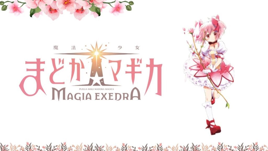 featured image for our news on new Madoka Magica game. It features the game logo in Japanese and he protagonist in her classic pink attire from head to toe.