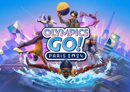 featured image for our news on Olympics Go! Paris 2024. It features a virtual player swimming, another performing gymnastics and another tossing a basketball. The logo is right in the middle in blue, white and purplish-pink.