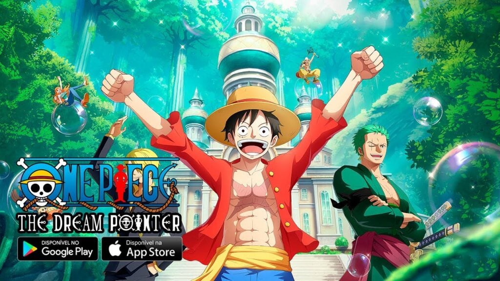 The feature image of the news of One Piece Dream Pointer Release has the characters from the anime one piece- zoro and luffy merrily standing infront of a castle.