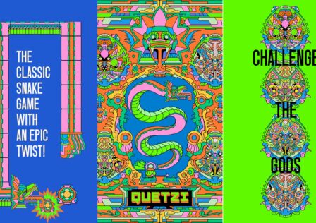featured image for our news on Quetzi. It features three different screenshots from the game. The leftmost picture is a deep blue background with a vibrant snake on it. The rightmost is a neon green background with intricate art on it (a bit like mandalas). The one in the middle is full of vibrant colours and more intricate designs with a long dragon-like snake in the middle.