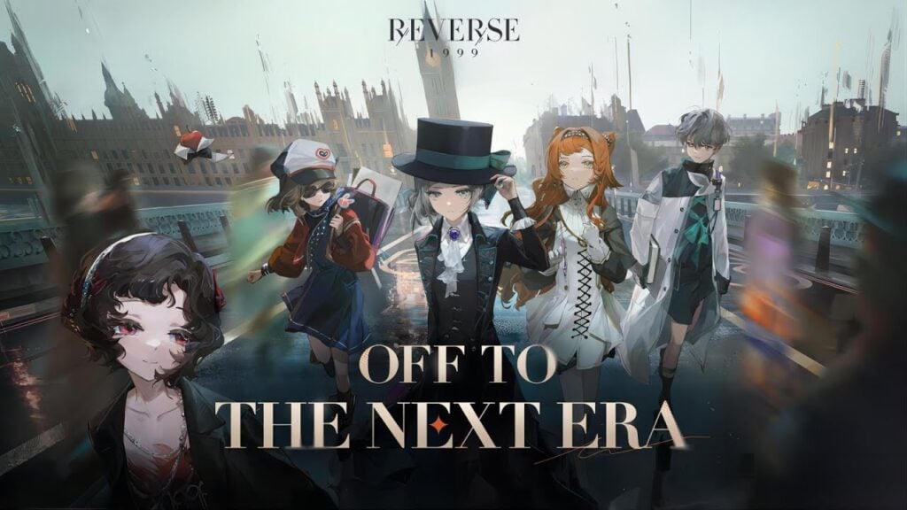 The feature image for news on Reverse: 1999 Patch 1.8 has characters standing on a bridge in the city with the words "off to the next era" on it.