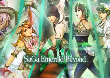 featured image for our news on SaGa Emerald Beyond. It features the six heroes Tsunanori Mido, Ameya Aisling, Siugnas, Diva No. 5, Bonnie Blair and Formina Franklyn.