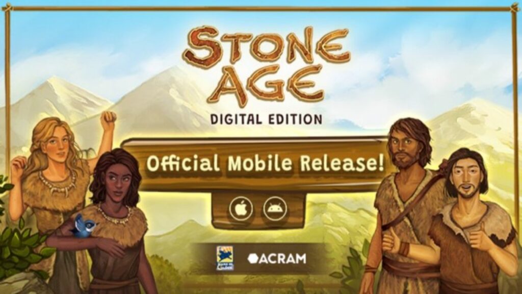 The feature image for news on Stone Age Digital Edition Is Now On the Google Play Store! has trible characters from the game with the title of the game in the center againts a forest backdrop.
