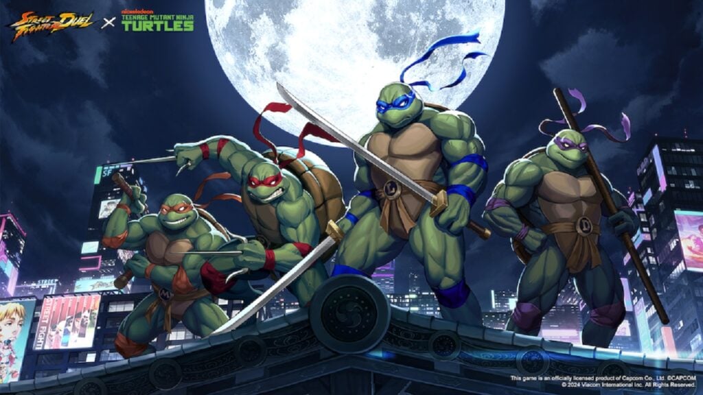 featured image for our news on Street Fighter Duel x Teenage Mutant Ninja Turtles. It features the four turtles, Leonardo, Michelangelo, Raphael and Donatello holding weapons. The moon is shining big and bright behind them.