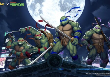 featured image for our news on Street Fighter Duel x Teenage Mutant Ninja Turtles. It features the four turtles, Leonardo, Michelangelo, Raphael and Donatello holding weapons. The moon is shining big and bright behind them.