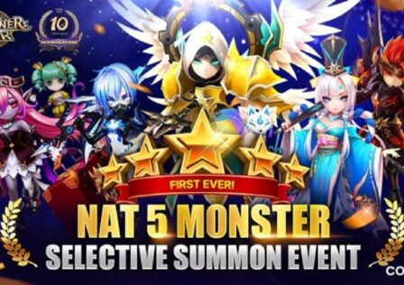 featured image for our news on Summoners War: Sky Arena 10th Anniversary. It features many charcaters from the game against a blue background. On front of the image, we can see the words NAT 5 Monster in golden along with 5 golden stars shaped in an arc.