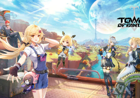 The feature image for news on Tower of Fantasy's 4.0 Patch: A New Dawn or Deja Vu? has characters sitting on cartons under a clear blue sky with a tower and a lush green landscape in the backdrop.
